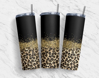 20 oz Tumbler Skinny, Sublimation Design Template, Glitter Gold Black Horizontal Leopard, Straight Design, Warped Design, Download, PNG