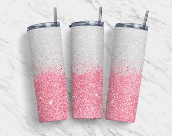 Pink Silver Glitter 20oz Seamless Tumbler Skinny Wrap, Sublimation Design, Template, Straight Tapered, Digital Download PNG