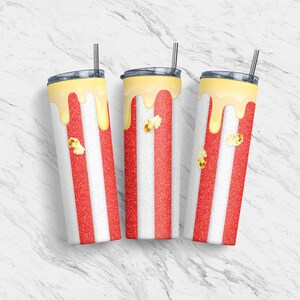 May include: Three red and white striped stainless steel tumblers with a yellow liquid dripping down the side and popcorn on the stripes.