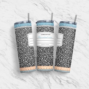 May include: Three stainless steel tumblers with a black and white composition notebook design. The middle tumbler has the text "COMPOSITION Mrs. Watson Quad Rule - 100 Sheets" printed on it.