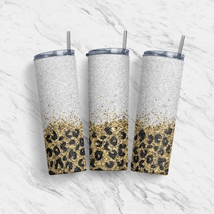 20 oz Tumbler Skinny, Sublimation Design Template, Leopard Gold Wit/Zilver Glitter, Recht, Warped Design, Digitale Download, PNG