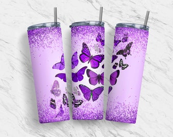 20 oz Tumbler Skinny, Purple Butterflies Style, Sublimation Design Template, Straight, Tapered Wrap, Warped, Digital Download, PNG, Tumblers