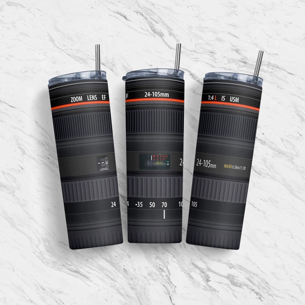 Camera Lens 20oz Tumbler Skinny Wrap, Seamless Sublimation Design Template, Straight Wrap, Tapered Wrap, Download PNG