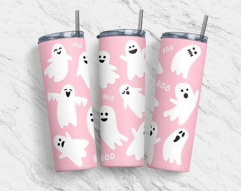 20 oz Tumbler Skinny Sublimation Design, Pink Ghosts Boo Tumbler PNG, Halloween, Straight, Warped Design, Digitale Download, PNG