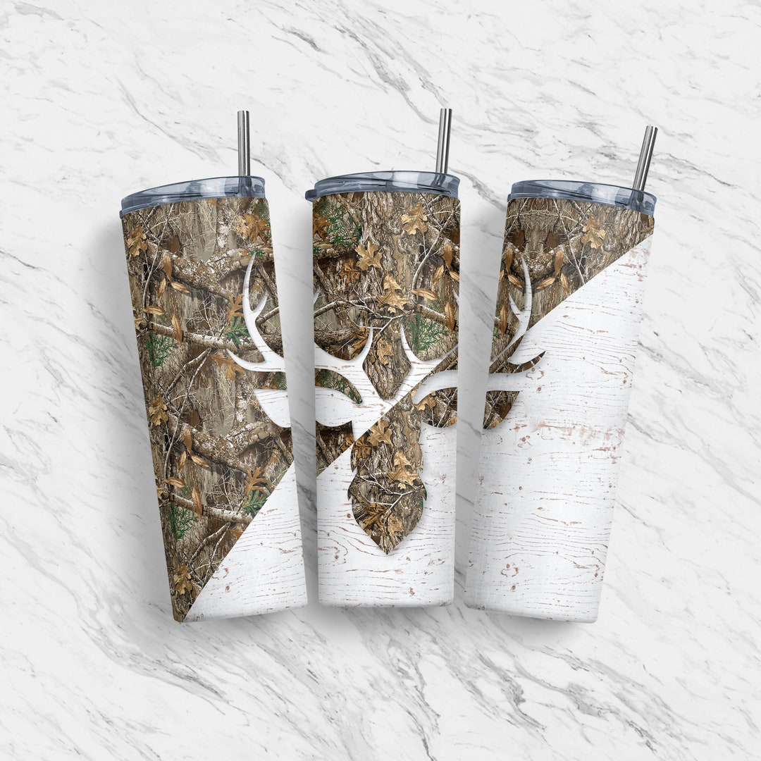 20 Oz Brown Camo Camp Deer/wood Tumbler Skinny, Sublimation Design ...