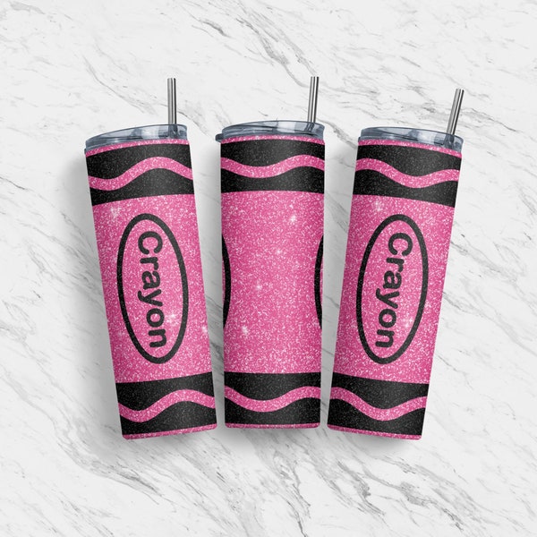 20 oz Tumbler Skinny, Sublimation Design Template, Pink Crayon Glitter, Teacher School, Straight, Warped Design, Digital Download, PNG