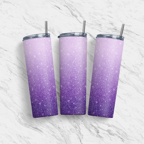 20 oz Tumbler Skinny, Sublimation Template, Purple Glitter Ombre Styled, Straight, Warped Design, Digital Download, PNG, Tumblers