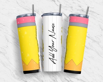 20oz Pencil Pattern Skinny Tumbler, Seamless, Add Your Own Name,Glitter, Teacher Life, Teacher Appreciation, Straight, Tapered, Download PNG
