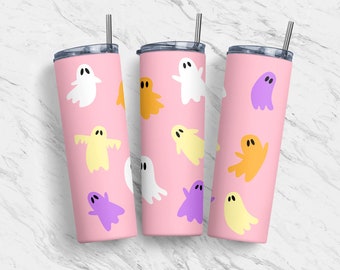 20 oz Tumbler Skinny Sublimation Design, Pink Pastel Ghosts Tumbler PNG, Halloween, Straight, Warped Design, Digital Download, PNG