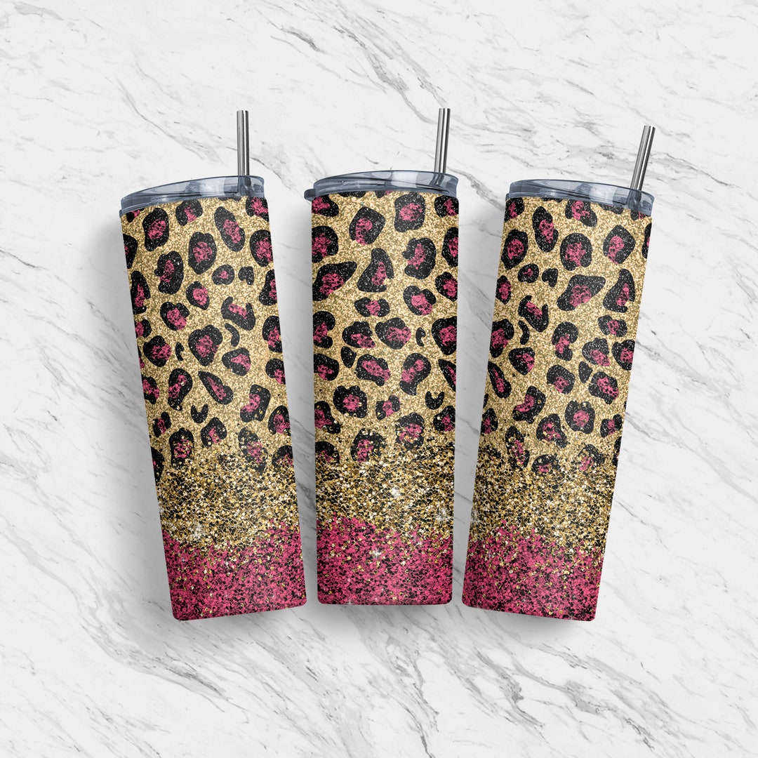 20 Oz Hot Pink Glitter Gold Horizontal Leopard, Tumbler Skinny ...