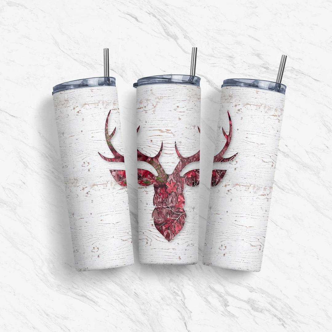 20 Oz Pink Camo Camp Deer White Wood Tumbler Skinny, Sublimation Design ...
