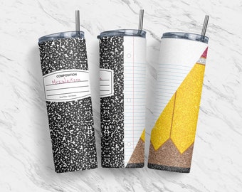 20 oz Tumbler Skinny, Custom Sublimation Design Template, Glitter Notebook Teacher School, Straight, Warped Design, Digital Download, PNG