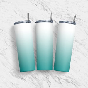 May include: Three stainless steel tumblers with a white to teal ombre design and lids. Each tumbler has a silver straw.