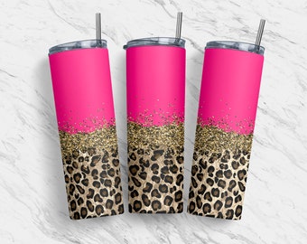 20 oz Tumbler Skinny, Sublimation Design Template, Glitter Gold Hot Pink Horizontal Leopard, Straight Design, Warped Design, Download, PNG