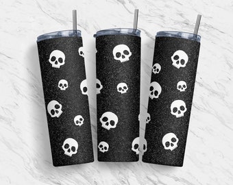 20 oz Tumbler Skinny Sublimation Design, Skulls Glitter Tumbler PNG, Skeleton PNG, Halloween, Straight, Warped Design, Digital Download, PNG