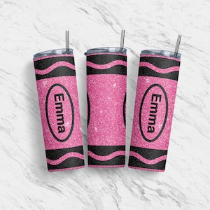 20 oz Tumbler Skinny, Sublimation Design Template, Pink Crayon, Glitter, Personalize Name, Teacher, School, Straight, Warped Design, PNG