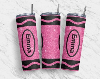 20 oz Tumbler Skinny, Sublimation Design Template, Pink Crayon, Glitter, Personalize Name, Teacher, School, Straight, Warped Design, PNG