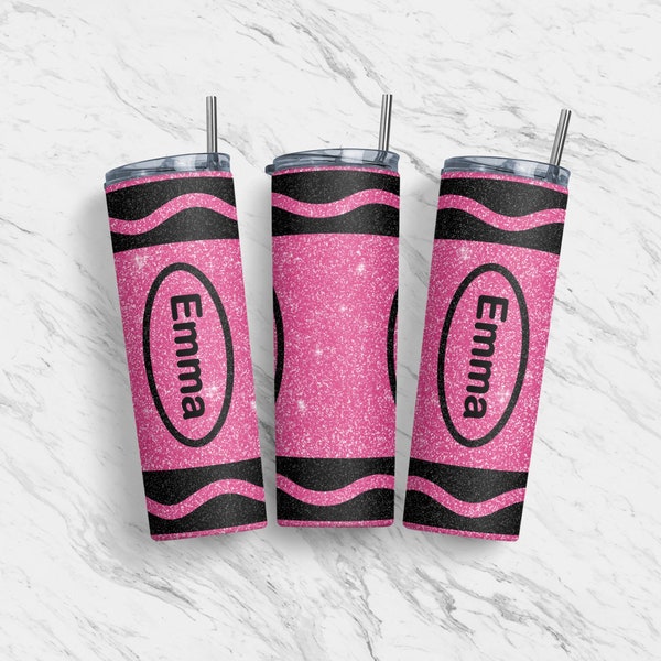 20 oz Tumbler Skinny, Sublimation Design Template, Pink Crayon, Glitter, Personalize Name, Teacher, School, Straight, Warped Design, PNG