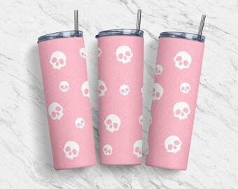 20 oz Tumbler Skinny Sublimation Design, Skulls Pink Glitter PNG, Skeleton PNG, Halloween, Straight, Warped Design, Digital Download, PNG