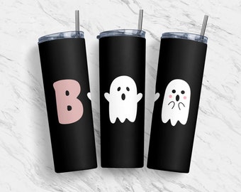 20 oz Tumbler Skinny Sublimation Design, Ghost Boo Pink Tumbler PNG, Halloween, Straight, Warped Design, Digital Download, PNG