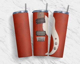 May include: Three stainless steel tumblers with lids and straws. The tumblers are red with a white guitar design on one of them.