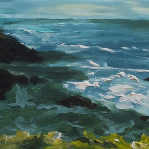 Costa della Cornovaglia e villaggi di pescatori, &#39;Across to Godrevy&#39;, Arte originale ad olio, Senza cornice, su tavola d&#39;archivio, 21 x 15cm