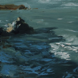 Costa della Cornovaglia e villaggi di pescatori, &#39;Across the Stretching Shadows&#39;, Arte originale ad olio, Senza cornice, su tavola d&#39;archivio, 21 x 15cm