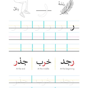 May include: Arabic alphabet letter 'Ra' tracing worksheet with a picture of a man, a feather, and the letter 'Ra' in cursive. The worksheet includes practice lines for tracing the letter and examples of the letter in different positions within words.