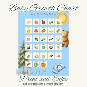 Könnte beinhalten: Eine Baby-Wachstumstabelle mit hellblauem Hintergrund, mit Illustrationen von Obst und Gemüse, einer Sonne, einem Bären, einem Baby und einer Kiefer. Die Tabelle enthält den Text "Baby Growth Chart" und "How Big is Our Baby?"