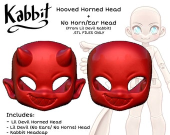 Könnte beinhalten: Zwei 3D-gedruckte Köpfe, einer rot mit Hörnern und einem zahnigen Grinsen, der andere schlicht, beide zur Verwendung mit einer Kabbit-Puppe. Der Text "Hooved Horned Head + No Horn/Ear Head (From Lil Devil Kabbit) .STL FILES ONLY" befindet sich über den Köpfen. Der Text "Includes: Lil Devil Horned Head - Lil Devil (No Ears/ No Horns) Head - Kabbit Headcap" befindet sich unter den Köpfen.