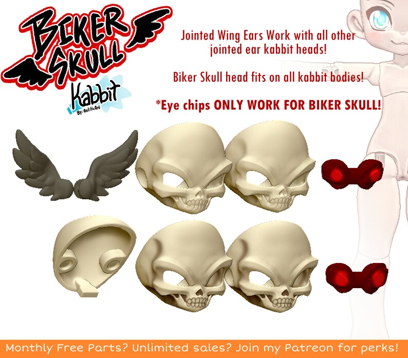 K&ouml;nnte beinhalten: Ein Satz aus 3D-gedruckten Puppen-Teilen f&uuml;r eine individuelle Puppe. Das Set enth&auml;lt einen Sch&auml;delkopf, ein Fl&uuml;gelpaar und ein Paar rote Augenchips. Der Text auf dem Bild lautet "Biker Skull", "Kabbit", "Jointed Wing Ears Work with all other jointed ear kabbit heads!", "Biker Skull head fits on all kabbit bodies!", "*Eye chips ONLY WORK FOR BIKER SKULL!", und "Monthly Free Parts? Unlimited sales? Join my Patreon for perks!"