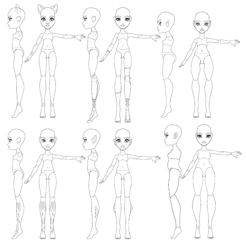 May include: Line drawing of a doll in various poses. The doll has long hair, a slender build, and is wearing a simple outfit. The drawing is in black and white.