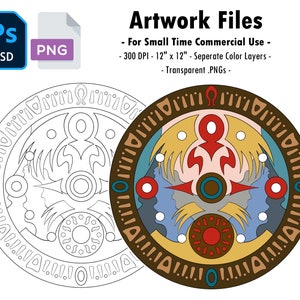 Puede incluir: Imagen que muestra dos diseños circulares. Uno es un contorno en blanco y negro, el otro es una ilustración colorida con tonos marrones, rojos, azules y amarillos. También está presente el texto "Artwork Files" y otros detalles.