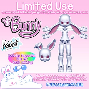DIGITAL .STL - Bunny Kabbit Ball Jointed Doll + Presupported Files for Fdm and Sla Printing - 26-28cm - 3D Printed Ball Jointed Doll Head
