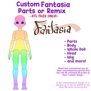 Puede incluir: Ilustración digital de una muñeca con articulaciones, coloreada en degradado de amarillo, verde y azul. El texto incluye "Custom Fantasia Parts or Remix" y una lista de partes de la muñeca. El diseño es para archivos .STL.