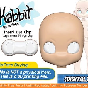 Puede incluir: Un archivo imprimible en 3D para una cabeza de muñeca con ojos grandes de anime. El archivo es una descarga digital y no es un artículo físico. El texto "Kabbit by: Aelith Art" está en la parte superior de la imagen. El texto "Insert Eye Chip Large Anime Pill Eye Chip" está debajo de la cabeza de la muñeca. El texto "Before Buying: This is NOT a physical item. This is a 3D printing file." está en la parte inferior de la imagen. El texto "(DIGITAL)" está en la esquina inferior derecha de la imagen.