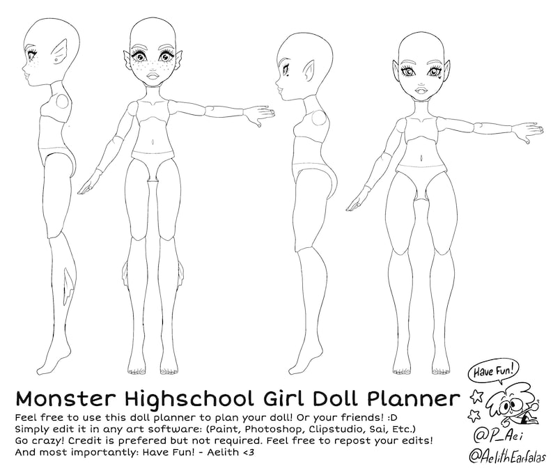 May include: A black and white line drawing of a doll template for designing a monster high school girl doll. The template shows the doll from the front, side, and back views. The text "Monster Highschool Girl Doll Planner" is at the bottom of the image.