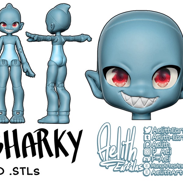 Updated 12-19-2023 - DIGITAL .STL - "Sharky Kabbit" 26-28cm - 3D Printed Ball Jointed Doll Base - Make your Own BJD Base