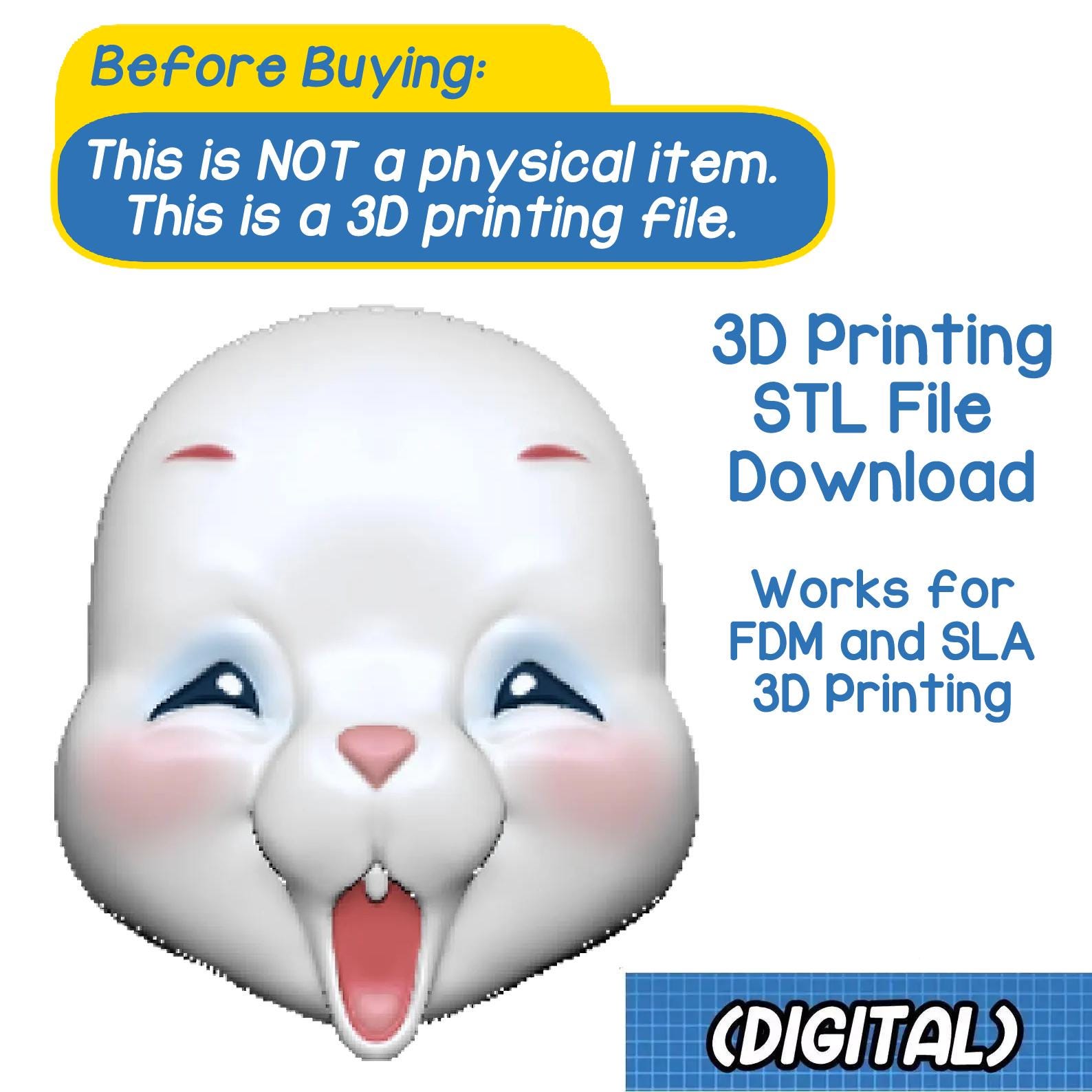 DIGITAL - Rushton Yawning Bunny Art Doll Face STL - 3D Printable Art Doll Parts