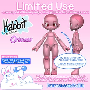Puede incluir: Una figura de muñeca articulada rosa con una cabeza a juego, que se muestra en vistas frontal y lateral. La imagen incluye texto que dice "Kabbit" y "Oriannae", junto con una exención de responsabilidad sobre el archivo de impresión 3D.