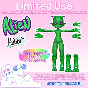May include: Green alien-like character with large eyes and a toothy grin. The character is posed with arms outstretched and is made up of separate parts, including hands, legs, and feet. The image includes the text "Limited Use (You may sell 10. Please pledge to my patreon for commercial use.)", "Alien", "Kabbit By: Relith Ard", "Includes Supported Files for Resin printing!" and "Want more commercial files? Consider checking out my Patreon! Patreon.com/Aelith".
