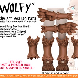 Puede incluir: Un conjunto de piezas impresas en 3D para una muñeca personalizada, que incluye brazos, piernas y pies. Las piezas son marrones y peludas, con garras en las manos y los pies. El texto "WOLFY" está en la parte superior de la imagen, y el texto "STL ONLY - NOT A PHYSICAL DOLL - NOT A COMPLETE KABBIT" está en la parte inferior de la imagen.