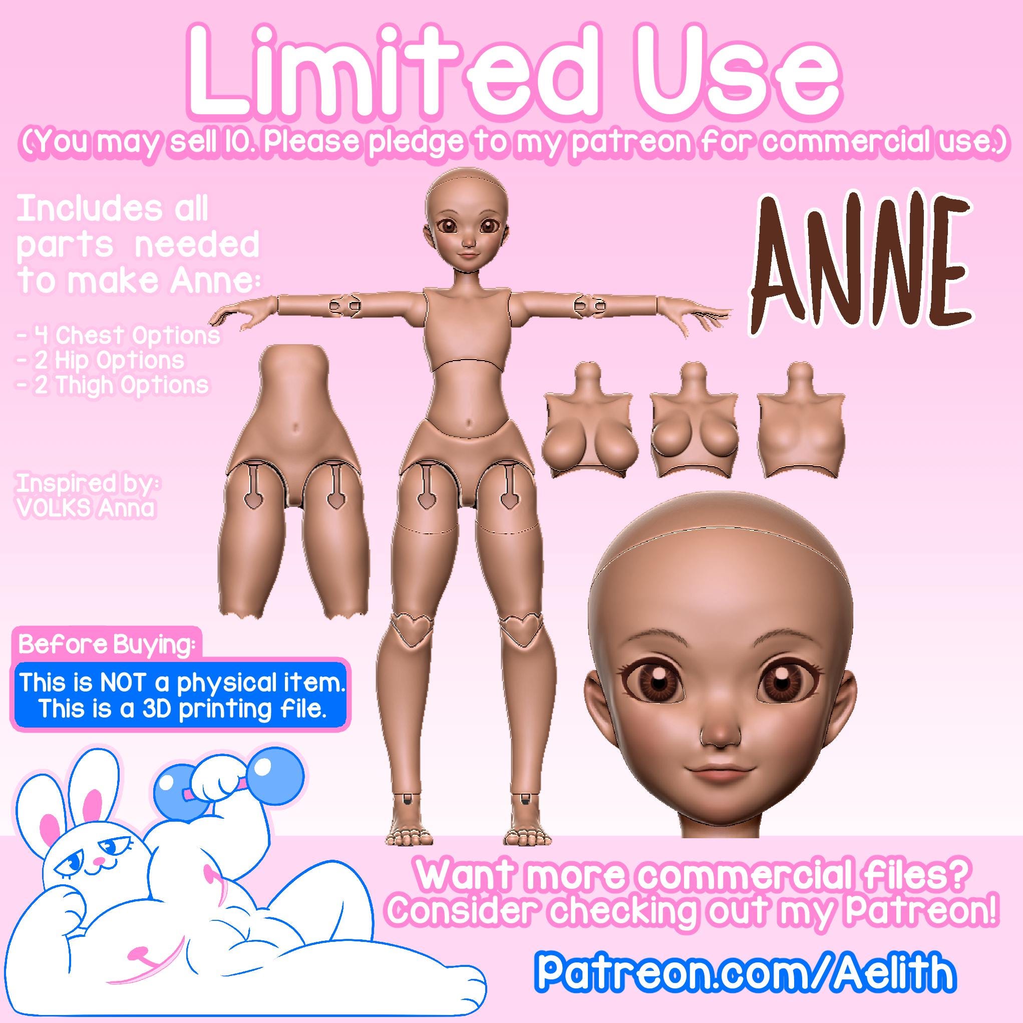 Digital .STL - Anne the Ball Jointed Doll 30cm - 3D Printed BJD - Do it Yourself Doll
