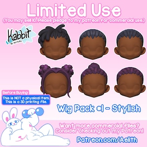 May include: A digital image featuring six stylized, brown-skinned head models with various hairstyles, including dreadlocks and buns. The text "Wig Pack #1 - Stylish" is displayed. The image also includes the text "Limited Use" and "This is NOT a physical item. This is a 3D printing file."