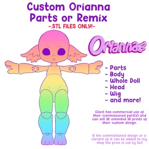 Puede incluir: Ilustración digital colorida de una muñeca con el texto "Custom Orianna Parts or Remix - STL FILES ONLY!". La muñeca tiene un degradado arcoíris con la palabra "Orianna" en escritura púrpura. La imagen enumera las partes de la muñeca.