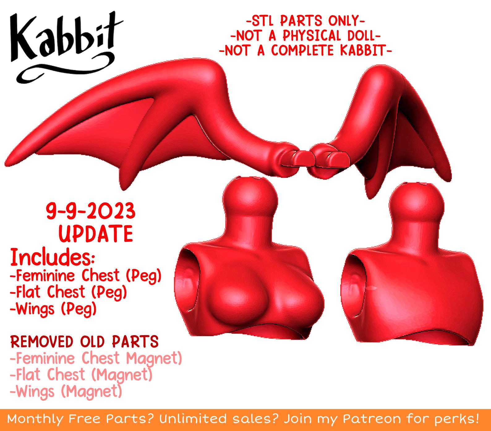 DIGITAL .STL - Updated 9-9-2023 Additional Devil Wings and Chest for Kabbit or other Bjds 26cm-28cm - Make your Own BJD Part