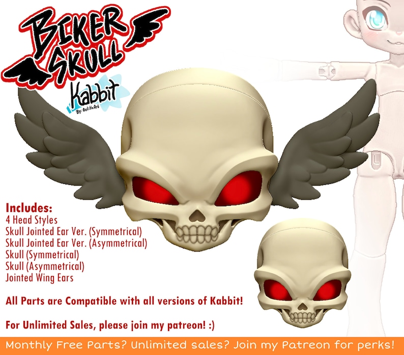 K&ouml;nnte beinhalten: Ein 3D-gedruckter Sch&auml;del mit Fl&uuml;geln, roten Augen und einem zahnigen Grinsen. Der Sch&auml;del ist mit "Biker Skull Kabbit" beschriftet. Der Text "Includes: 4 Head Styles, Skull Jointed Ear Ver. (Symmetrical), Skull Jointed Ear Ver. (Asymmetrical), Skull (Symmetrical), Skull (Asymmetrical), Jointed Wing Ears, All Parts are Compatible with all versions of Kabbit! For Unlimited Sales, please join my patreon! :) Monthly Free Parts? Unlimited sales? Join my Patreon for perks!" ist ebenfalls enthalten.