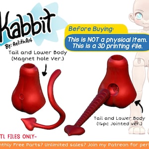 Puede incluir: Dos modelos impresos en 3D de plástico rojo de una cola y la parte inferior del cuerpo para una muñeca. El modelo de la izquierda tiene un agujero para imán. El modelo de la derecha está articulado. El texto "Kabbit by: Aelith Art" está en la esquina superior izquierda. El texto "Antes de comprar: Esto NO es un artículo físico. Este es un archivo de impresión 3D." está en la esquina superior derecha. El texto "Cola y parte inferior del cuerpo (versión con agujero para imán)" está debajo del modelo de la izquierda. El texto "Cola y parte inferior del cuerpo (versión articulada de 16 piezas)" está debajo del modelo de la derecha. El texto "-STL FILES ONLY- Monthly Free Parts? Unlimited sales? Join my Patreon for perks!" está en la parte inferior de la imagen.