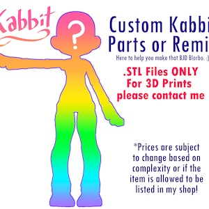 Puede incluir: Gráfico colorido con una figura estilizada y una cabeza con un signo de interrogación. El texto dice "Custom Kabbit Parts or Remix" y ".STL Files ONLY For 3D Prints please contact me."
