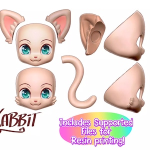 DIGITAL .STL - Additional Heads and Ears for BJDs and Kabbit - 26-28cm - 3D Printed Ball Jointed Doll Base - Make your Own BJD Base